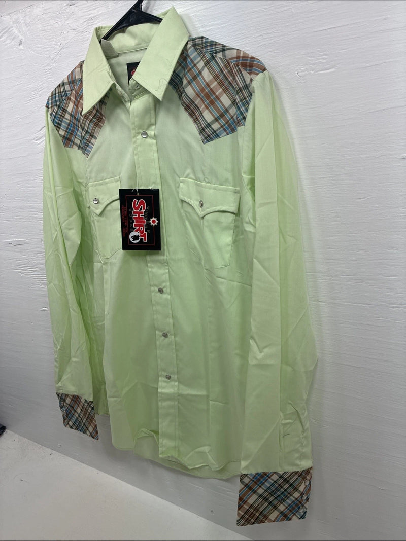 New Men’s Western Shirts Green Plaid Long Sleeve Pearl Snap 15.5 Medium K-99