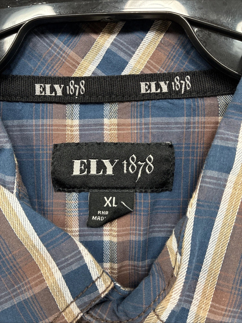 New Men’s ELY 1878 Blue Brown Plaid Long Sleeve Pearl Snap XL T-13