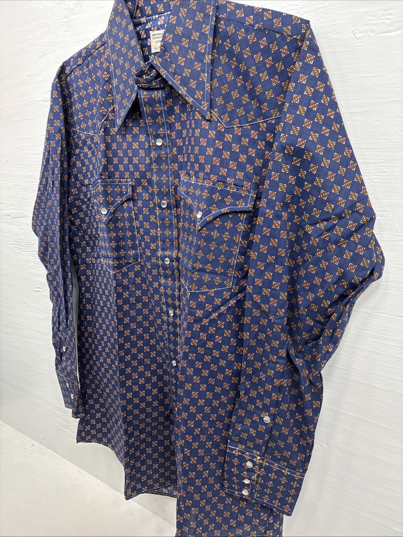 New Men’s Stockman Navy Blue Designed Long Sleeve Pearl Snap 15 Medium H-71