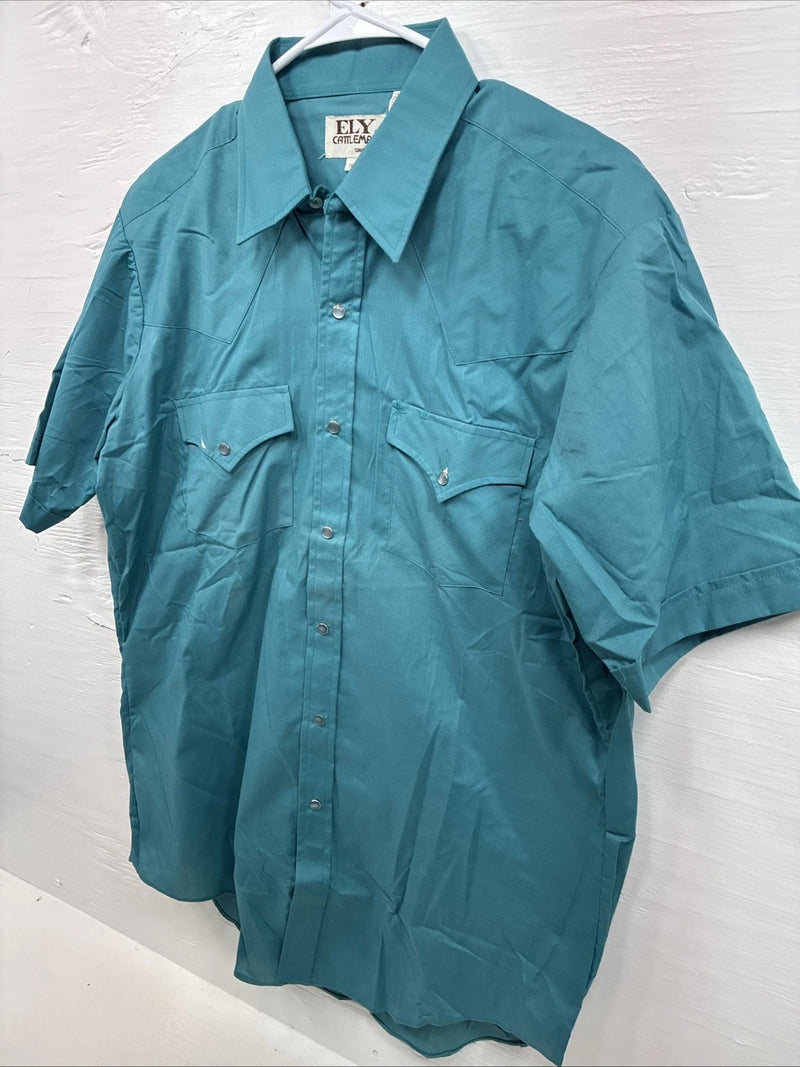 New Men’s ELY Cattleman Teal Short Sleeve Pearl Snap 16.5 Large X-67