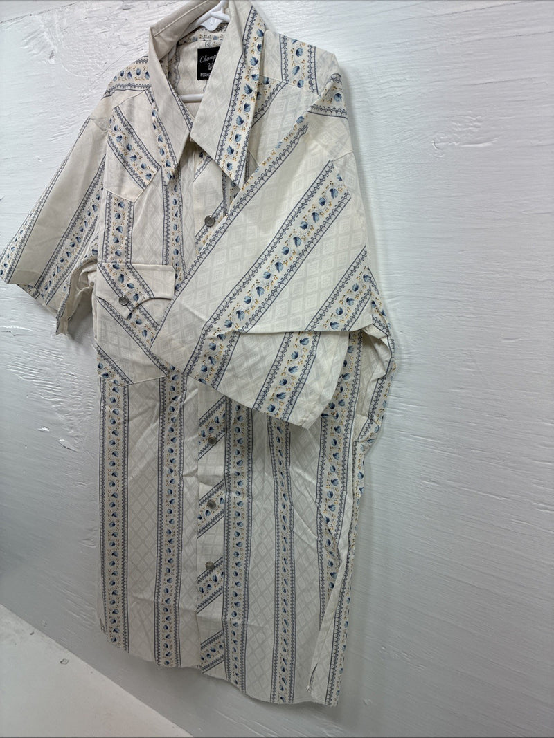 New Men’s Champion Western White Designed Short Sleeve Pearl Snap Medium J-76