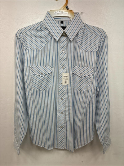 New Women’s White Horse Blue White Stripe Long Sleeve Pearl Snap Medium YY-119