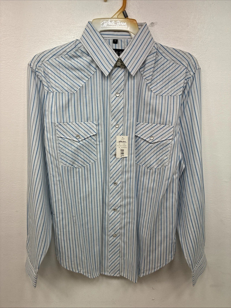 New Women’s White Horse Blue White Stripe Long Sleeve Pearl Snap Medium YY-119