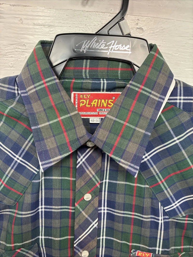 New Men’s ELY Plains Green Blue Plaid Long Sleeve Pearl Snap 16.5 Large  AA-12