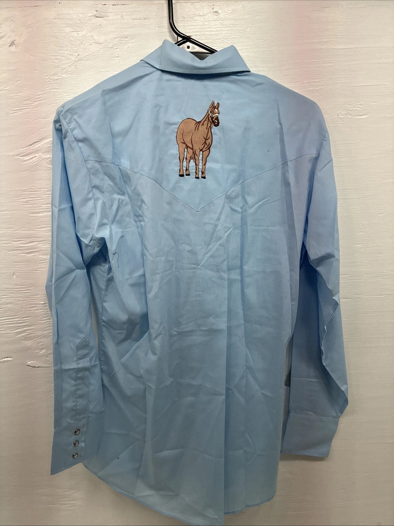 New Men’s ELY Wildlife Blue Horse Design Long Sleeve Pearl Snap Small AA-8