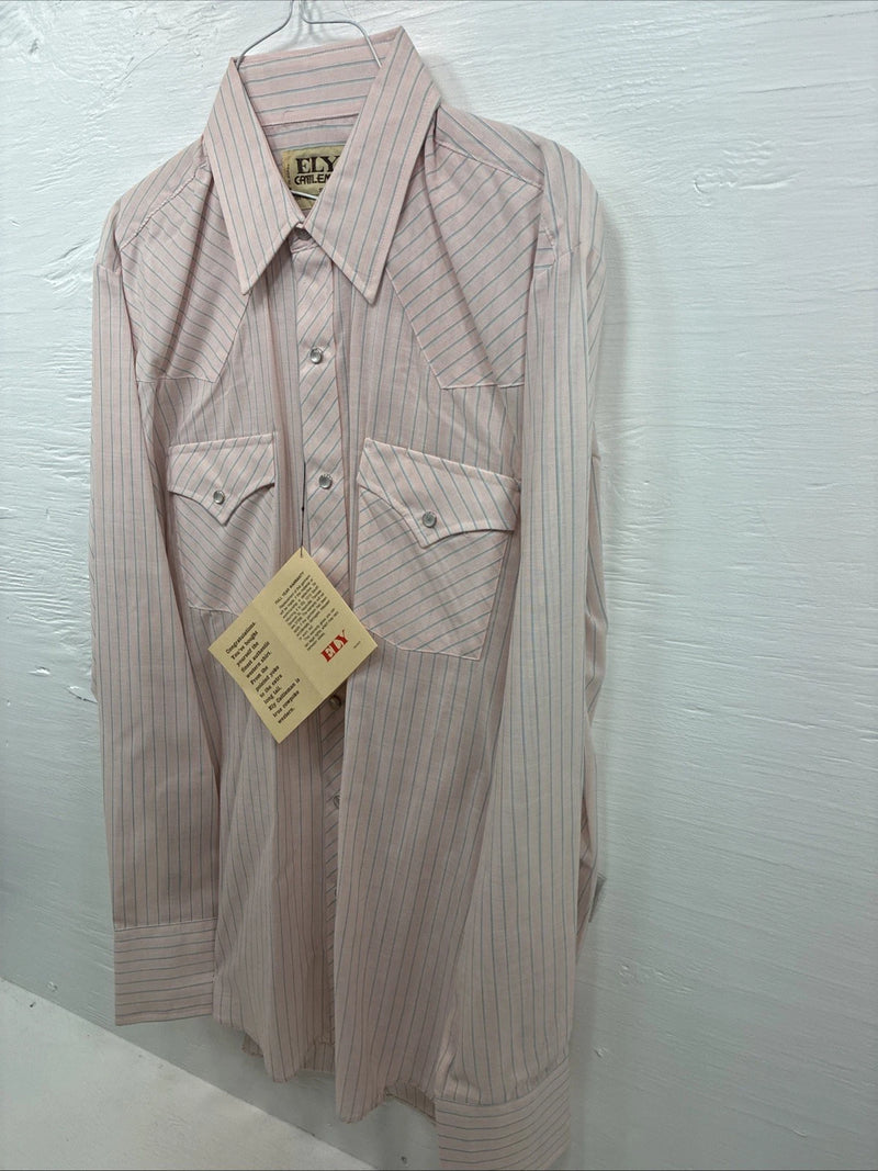 New Men’s ELY Cattleman Pink Stripe Long Sleeve Pearl Snap 16 Large V-111