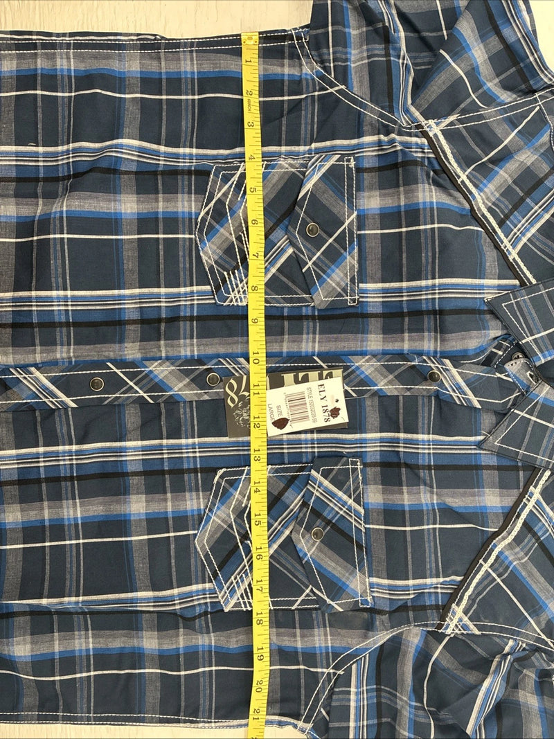 New Men’s ELY 1878 Blue Gray Plaid Short Sleeve Pearl Snap Large X-45