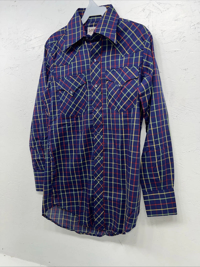 New Men’s Lee Blue Long Sleeve Pearl Snap 14.5 X 33 Small A-188