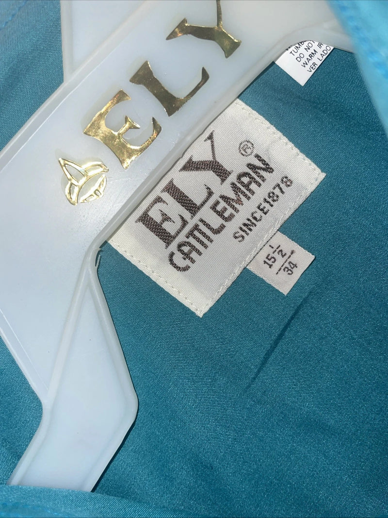New Men’s ELY Cattleman Teal Long Sleeve Pearl 15.5 X 34 Medium B-103