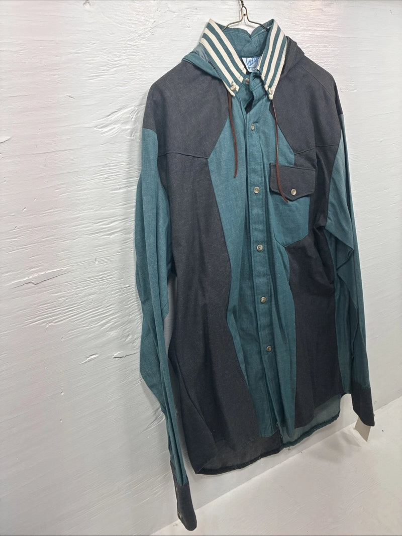 New Men’s Latigo Blue Black Long Sleeve Button Up Hood Large V-84