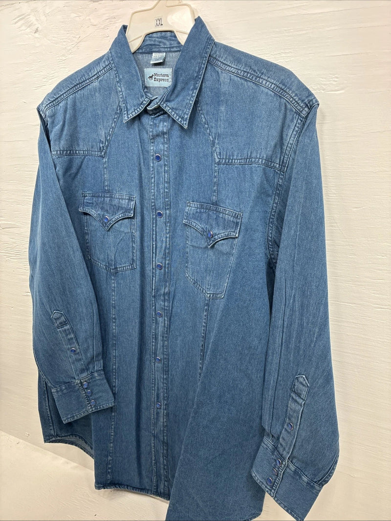 New Men’s Western Express Blue Jean Shirt Long Sleeve Pearl Snap 2XL H-25
