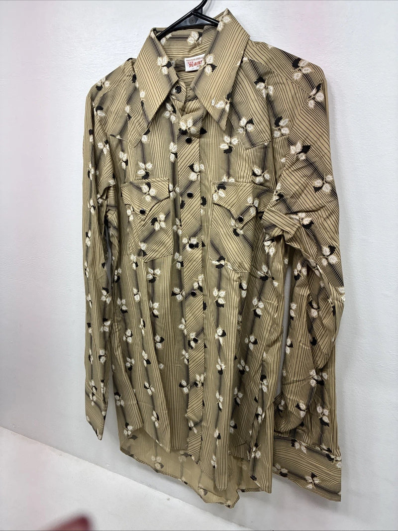 New Men’s ELY Plains Tan Black Floral Long Sleeve Pearl Snap 15.5 Large LL-91