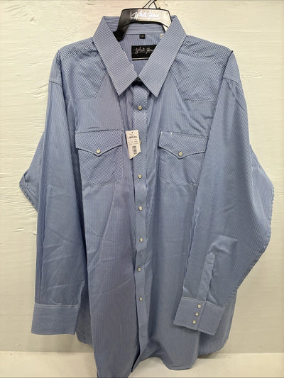 New Men’s White Horse Blue White Stripe Long Sleeve Pearl Snap 2XL H-58