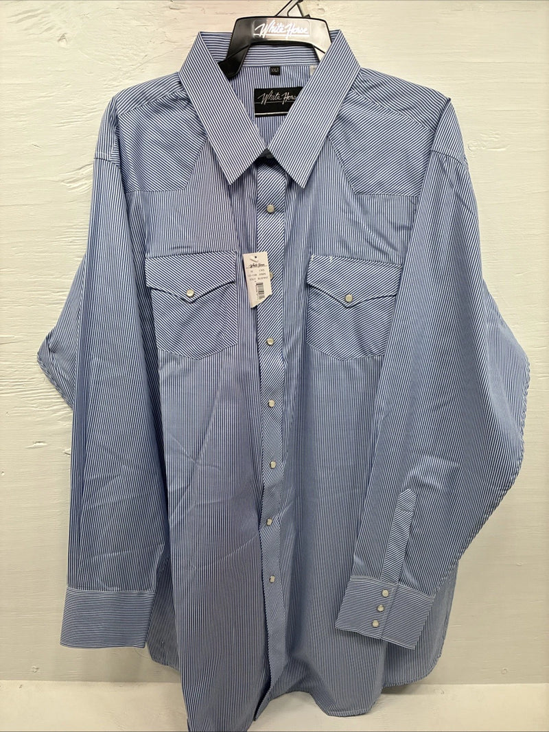 New Men’s White Horse Blue White Stripe Long Sleeve Pearl Snap 2XL H-58