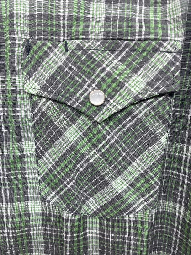 New Kids White Horse Green Plaid Long Sleeve Pearl Snap XL DD-59 