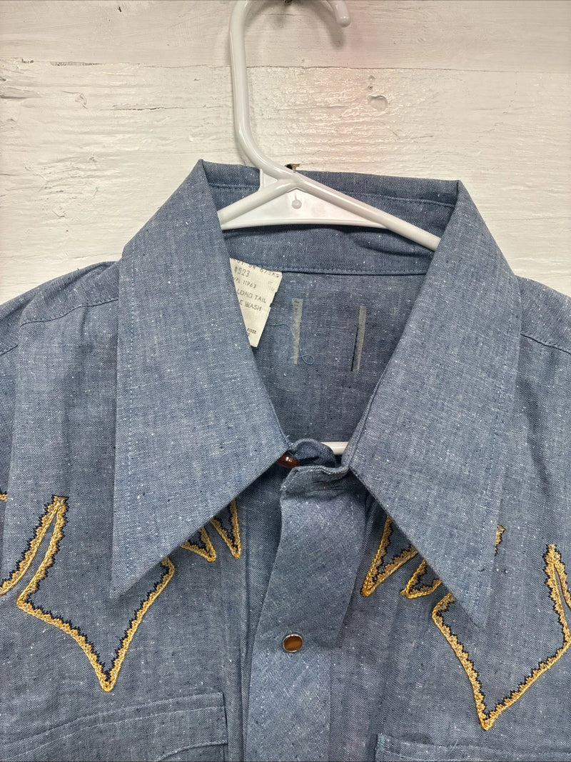 New Men’s Blue Jean Yellow Design Long Sleeve Pearl Snap 16.5 X 34 Large V-95