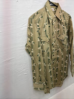 New Men’s ELY Plains Tan Green Floral Long Sleeve Pearl Snap 14.5 Small X-111