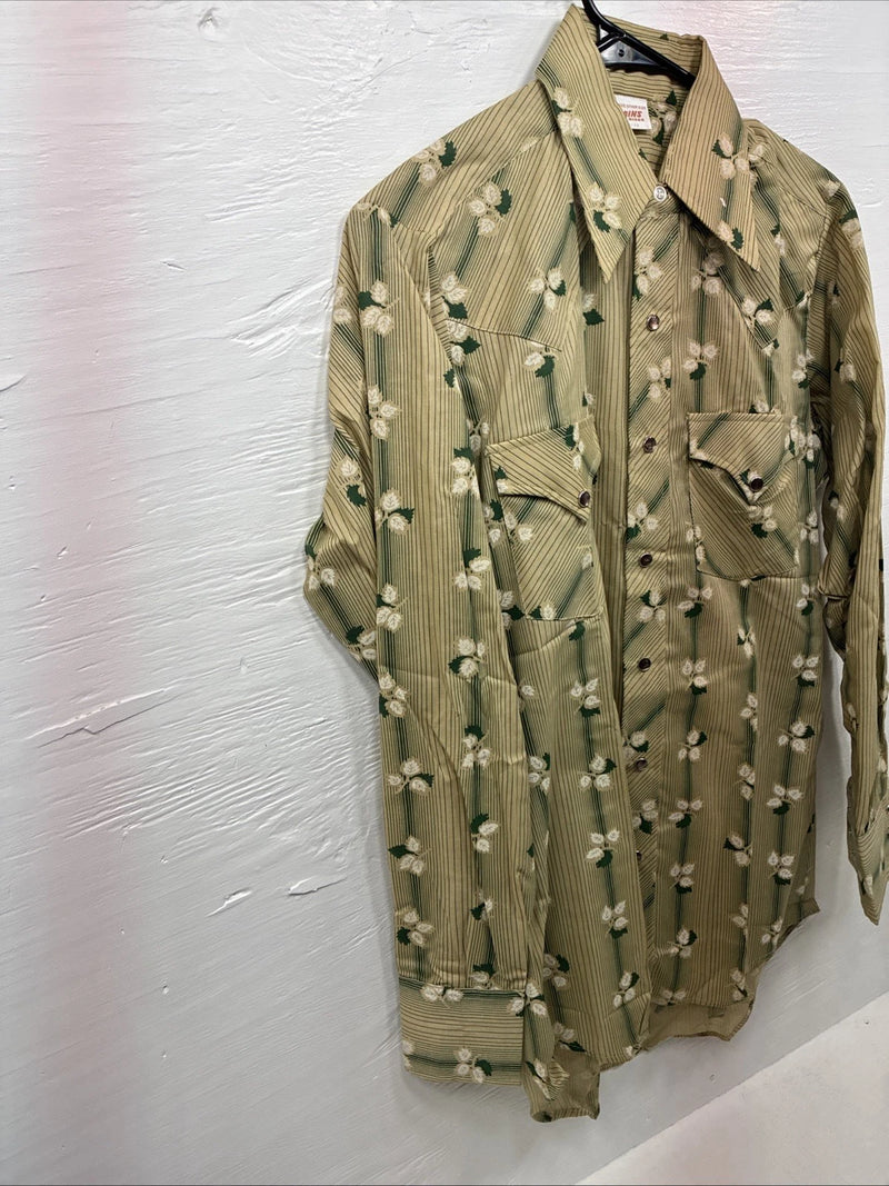 New Men’s ELY Plains Tan Green Floral Long Sleeve Pearl Snap 14.5 Small X-111