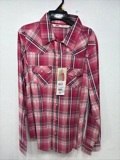 New Women’s Cumberland Pink Plaid Long Sleeve Pearl Snap Large GG-69