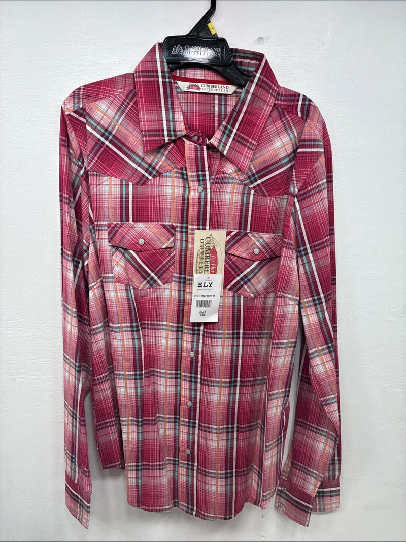 New Women’s Cumberland Pink Plaid Long Sleeve Pearl Snap Large GG-69
