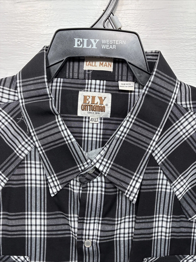 New Men’s ELY Cattleman Black White Flannel Short Sleeve Pearl Snap 4XL E-78