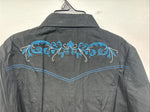 New Women’s Cumberland Black Blue Design Long Sleeve Pearl Snap 1XL LL-107
