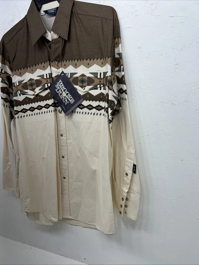 New Men’s White Brown Brooks&Dunn Pearl Snap Long Sleeve Shirt. 16.5x34 L I-36
