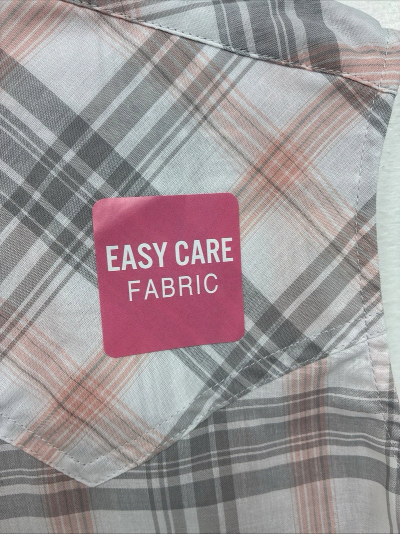 New Women’s Cumberland Pink Gray Plaid Short Sleeve Pearl Snap Large GG-77