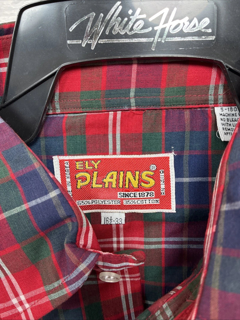 New Men’s ELY Plains Red Blue Plaid Long Sleeve Pearl Snap 16.5 Large Q-74