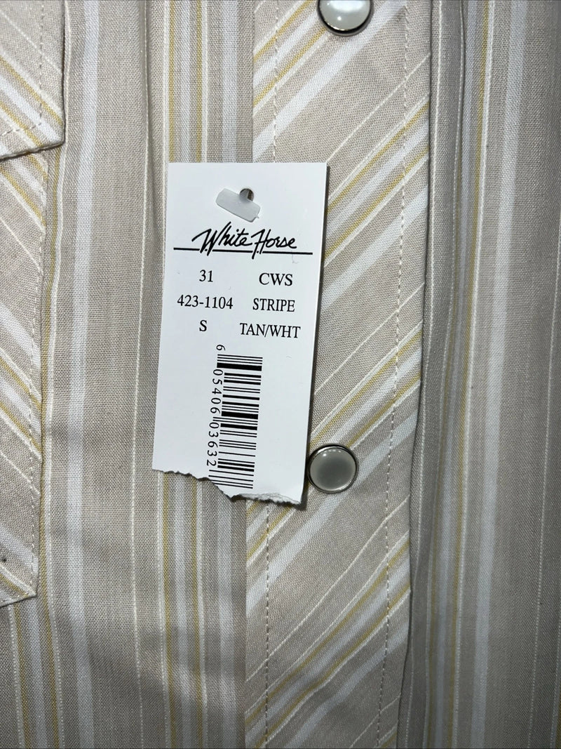 New Men’s White Horse Tan Striped Short Sleeve Pearl Snap Small B-40