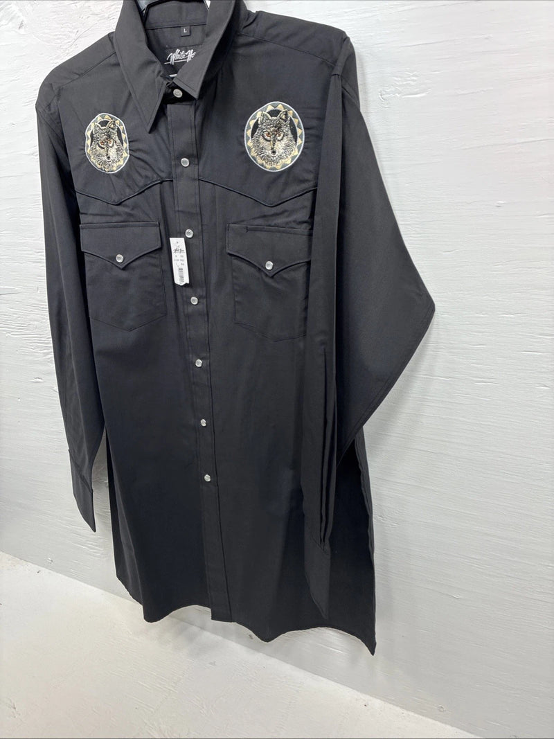 New Men’s White Horse Black Embroidered Long Sleeve Pearl Snap Large V-33