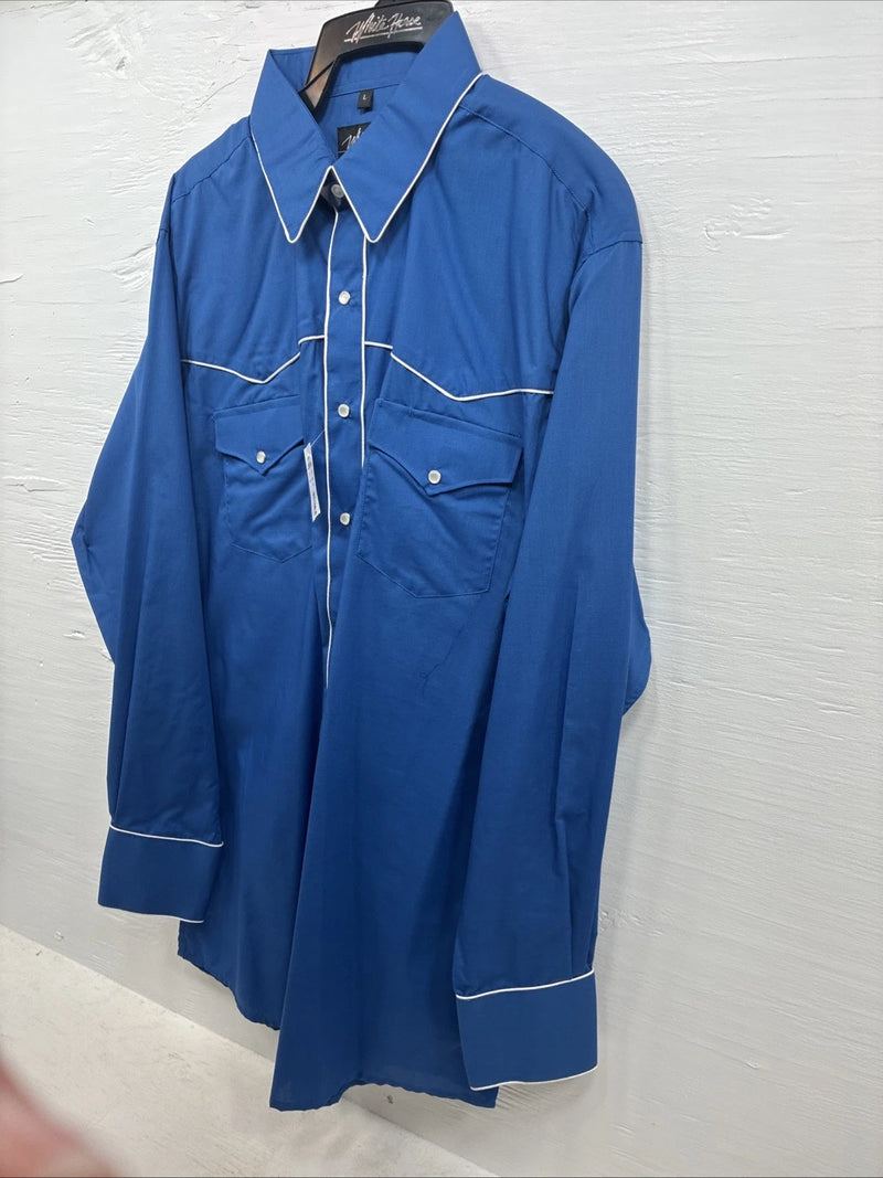 New Men’s White Horse Blue Long Sleeve Pearl Snap Large CC-28