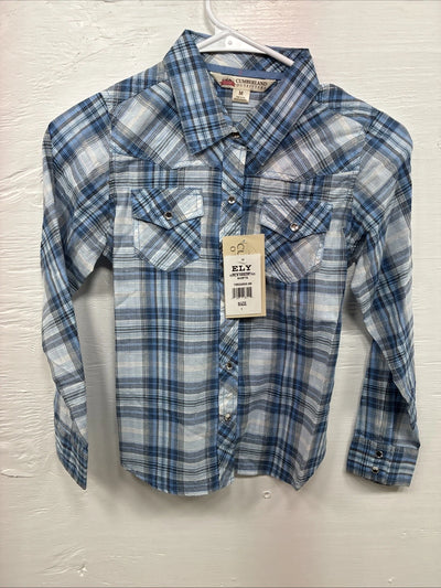 New Girls Cumberland Blue Plaid Long Sleeve Pearl Snap Medium DD-25