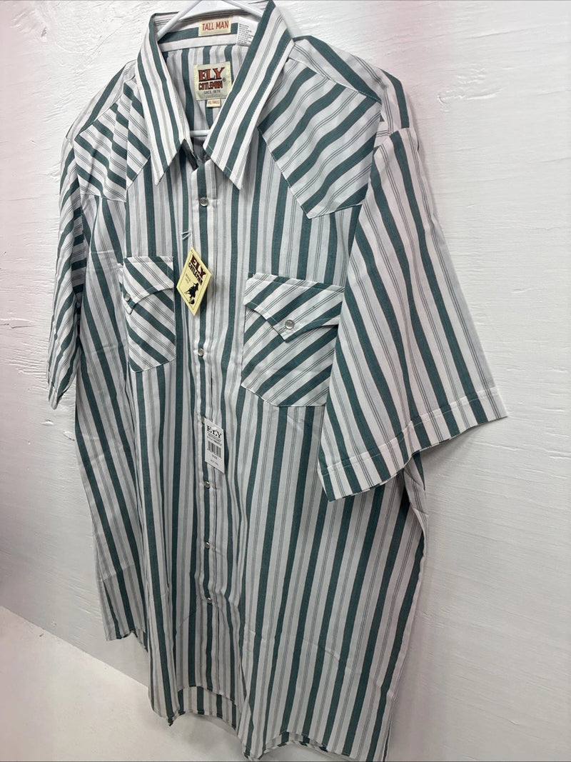 New Men’s ELY Cattleman Blue White Stripe Short Sleeve Pearl Snap XL M-21