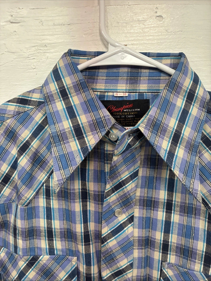 New Men’s Champion Western Purple Plaid Long Sleeve Peal Snap 15 Medium M-44