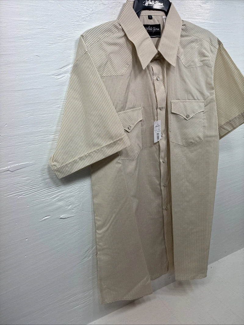 New Men’s White Horse Tan Stripe Short Sleeve Pearl Snap XL R-43