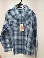 New Women’s Cumberland Blue Plaid Long Sleeve Pearl Snap 2XL GG-44