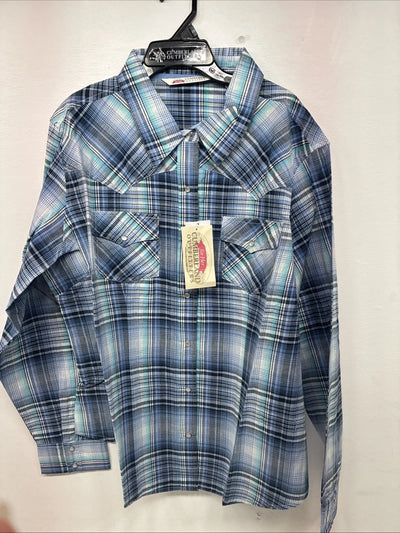 New Women’s Cumberland Blue Plaid Long Sleeve Pearl Snap 2XL GG-44