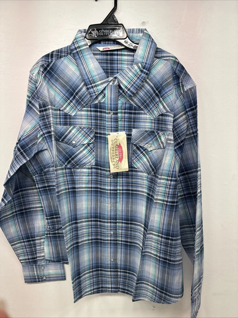 New Women’s Cumberland Blue Plaid Long Sleeve Pearl Snap 2XL GG-44