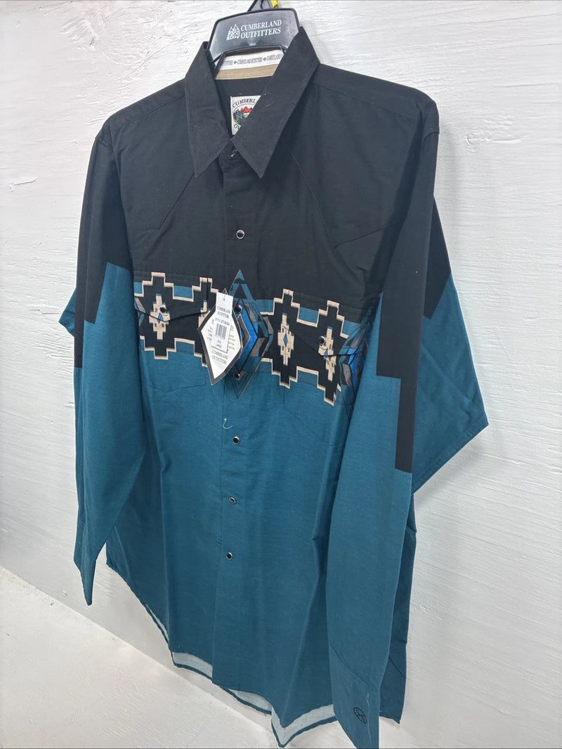 New Men’s Cumberland Blue Black Long Sleeve Pearl Snap Large X-2