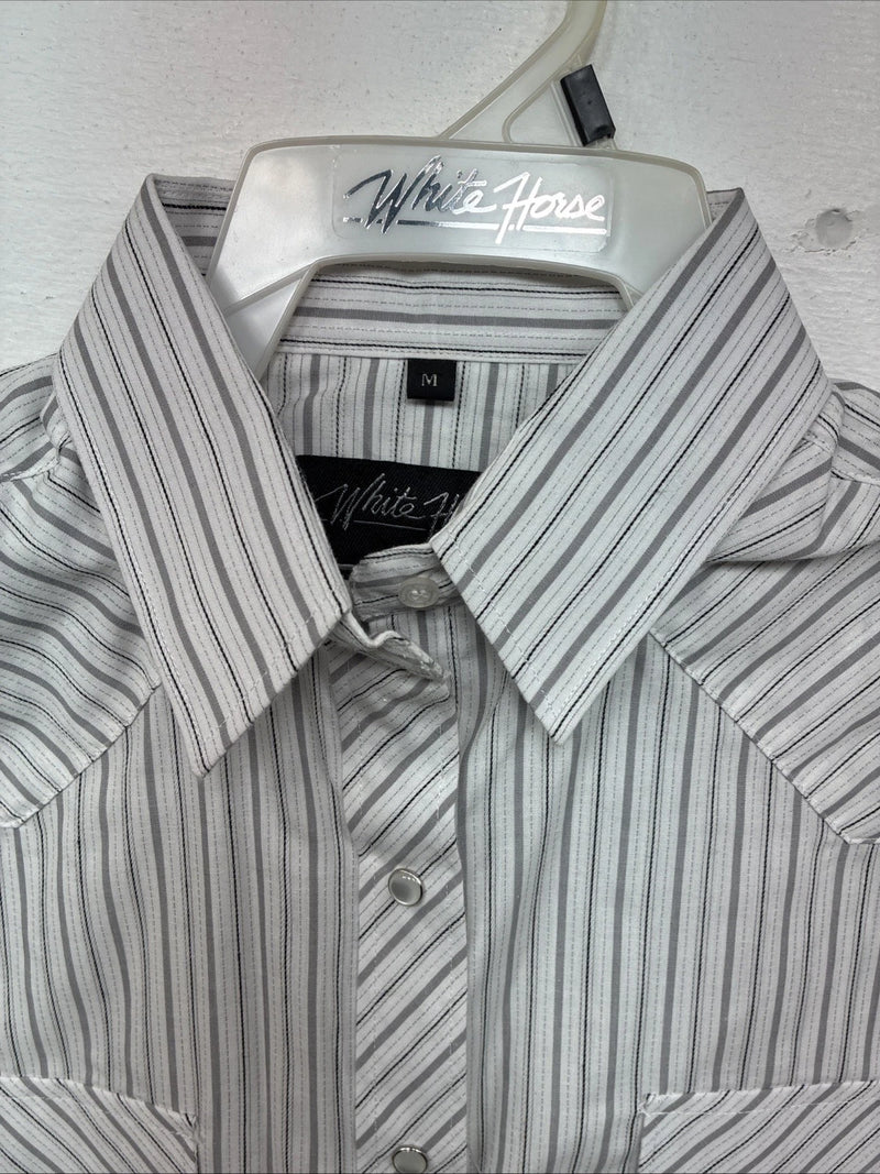 New Women’s White Horse Gray Stripe Long Sleeve Pearl Snap Medoum LL-105