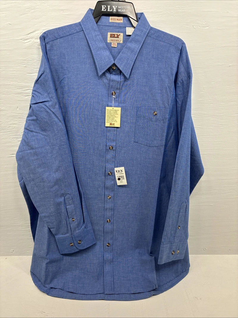 New Men’s ELY Cattleman Blue Long Sleeve Button Up 20.5 X 36 4XL E-100