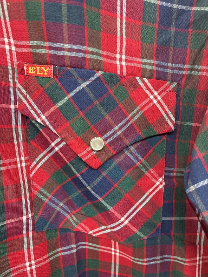 New Men’s ELY Plains Red Plaid Long Sleeve Pearl Snap 16  X 34 Large M-34