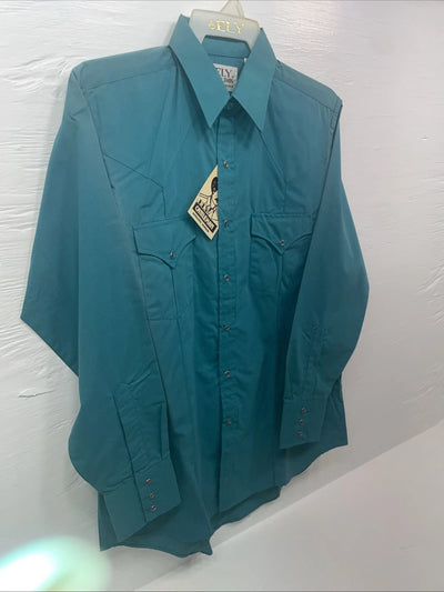 New Men’s ELY Cattleman Teal Long Sleeve Pearl 15.5 X 34 Medium B-103