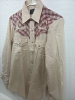 New Youth Champion Western Tan pink Plaid Long Sleeve Pearl Snap Medium T-82
