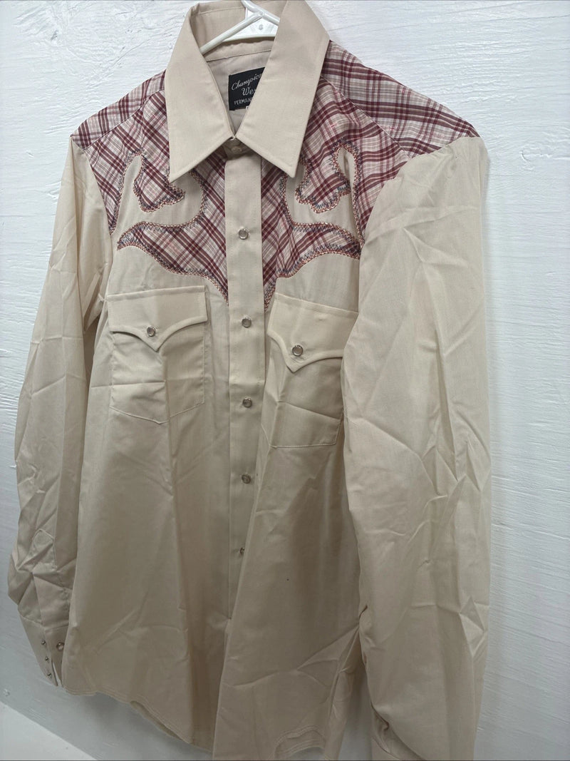 New Youth Champion Western Tan pink Plaid Long Sleeve Pearl Snap Medium T-82