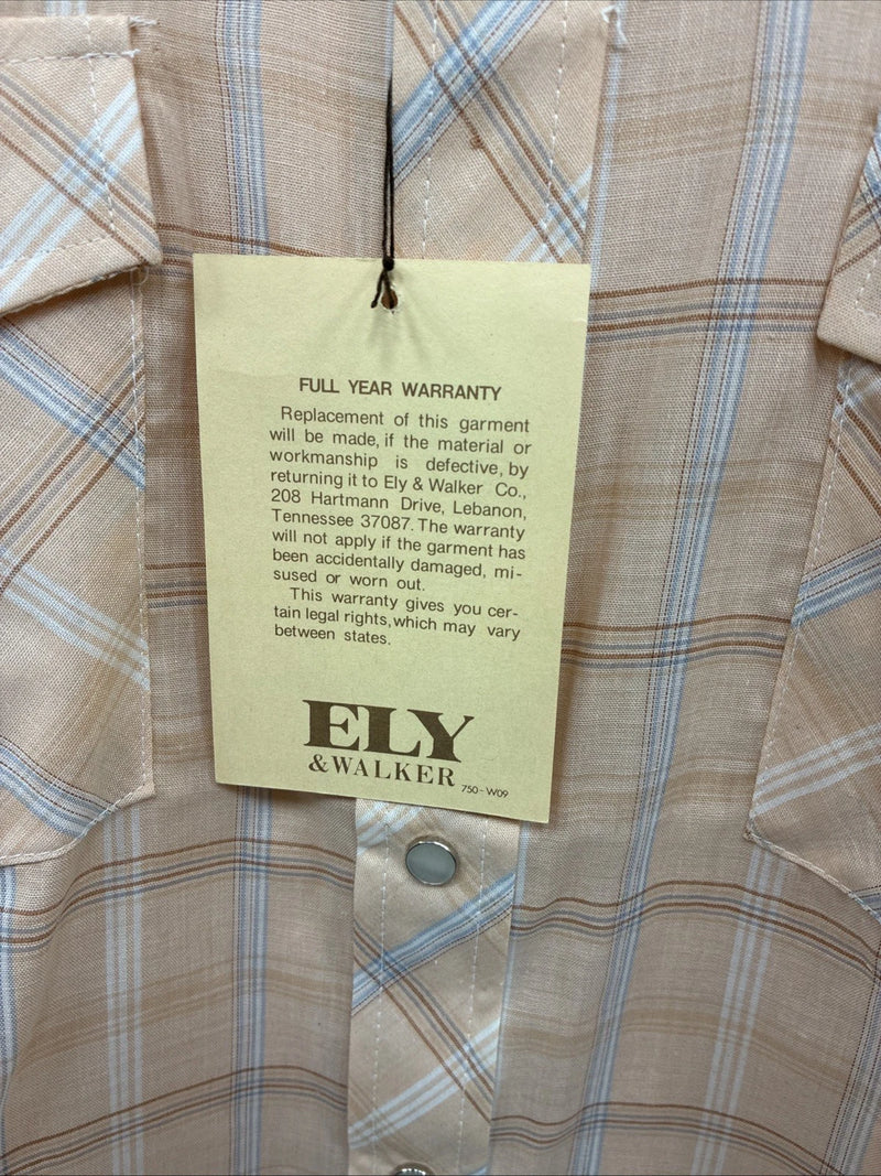 New Men’s ELY Cattleman Coral Plaid Short Sleeve Pearl Snap Large J-79