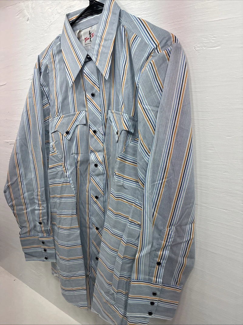 New Men’s Tem Tex Blue Stripe Long Sleeve Pearl Snap 16 X 33 Large R-16