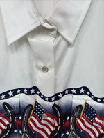 New Women’s Cumberland White Flag Design Short Sleeve Pearl Snap Medium LL-84