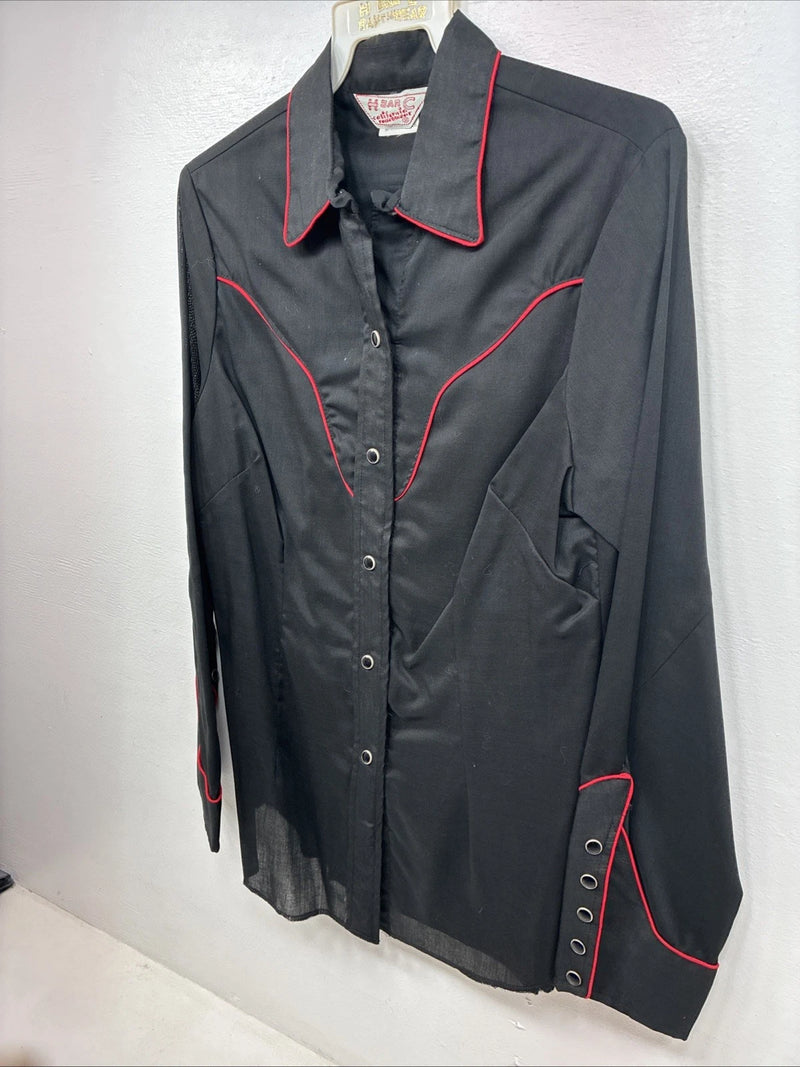 New Women’s H Bar C Black Red Long Sleeve Pearl Snap 36 TT-6